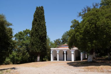 Kuzey Evia, Yunanistan 'daki Saint Theodoroi' nin küçük güzel beyaz kilisesi ormanın içinde.