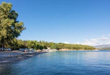 14 Eylül 2024 - Korfu, Yunanistan - Yunanistan 'ın kuzeydoğusundaki Kerasia sahilinde deniz manzarası