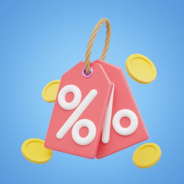 3D kupon alışverişi uyarısı. İndirimli fiyat etiketi ve izole yüzen altın para. Özel zaman, Flash satışı, sınırlı promosyon teklifi konsepti. Çizgi film simgesi çok az pürüzsüz. 3d oluşturma kırpma yolu