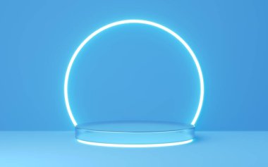 Altın kenarlı 3D mavi cam silindir kaidesi, fotokopi alanı arka planında neon daire ışıklandırması. Boş modern podyum modeli. Soyut teknoloji pastel, minimum geometrik nesne. 3d resimleme