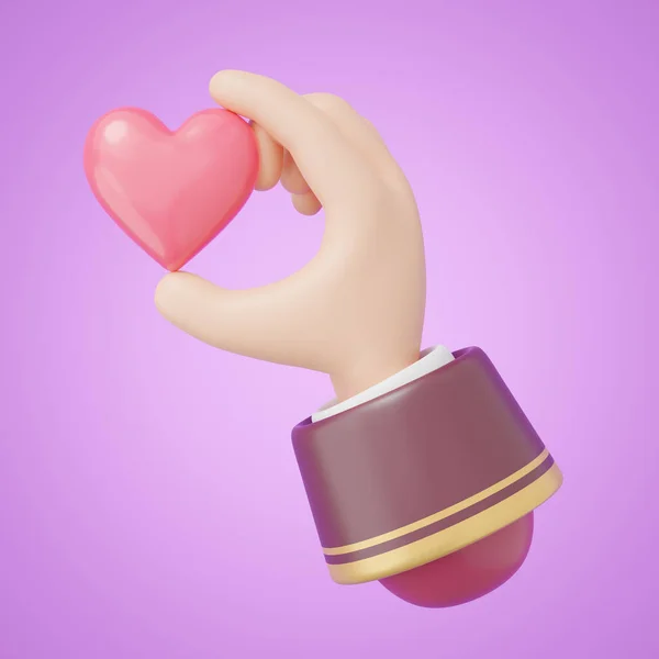3D手牵着心脏图标 卡通粉红心脏在红臂隔离背景 给送爱 情人节 世界卫生日 捐赠家庭保险的概念 3D渲染图标 剪切路径 — 图库照片