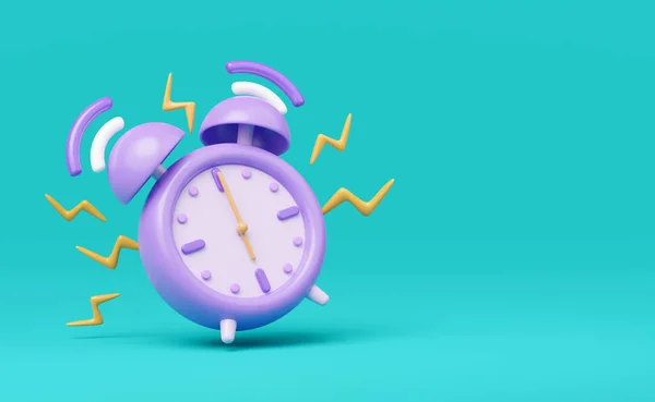 3d Alarm clock icon. Purple vintage clock with twin bell at six o clock, 6 AM PM vibrate alert floating isolated on green background. Time keeping concept. Cartoon icon smooth. 3d render clipping path