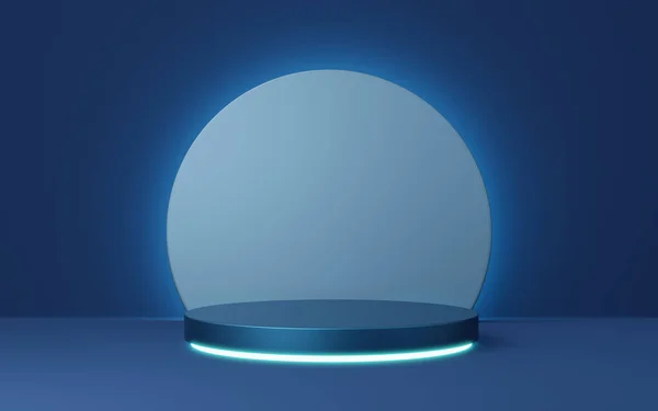 3D蓝色圆柱形底座 带有霓虹灯边框 复制空间背景上的圆形照明 空荡荡的现代讲台模型 抽象技术暗极小几何物体 3D渲染说明 — 图库照片