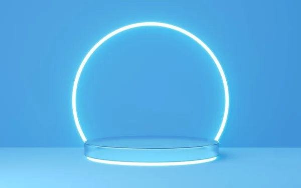 Blauwe Glazen Cilinder Sokkel Met Gouden Rand Neon Cirkel Verlichting — Stockfoto