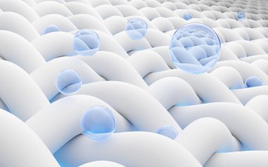 3 boyutlu boş su topu lekesi. Makro kumaş ipliği. Su kabarcığı derinliğinde temiz gömlek. Çamaşır makinesinin dezenfekte edilmesi. Antibakteriyel, lekeler, çamaşır suyu, reklamdaki çamaşır tozu. 3d hazırlayıcı.