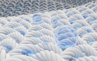 3 boyutlu boş su topu lekesi. Makro kumaş ipliği. Su kabarcığı derinliğinde temiz gömlek. Çamaşır makinesinin dezenfekte edilmesi. Antibakteriyel, lekeler, çamaşır suyu, reklamdaki çamaşır tozu. 3d hazırlayıcı.