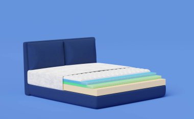 5 katlı solunabilir yatak ve mavi üzerine izole edilmiş yatak. Döşek koruyucusu, pamuk kumaş, köpük, kauçuk kaplama. Rahat bir yatak reklamı. 3 boyutlu görüntüleme. kırpma yolu.