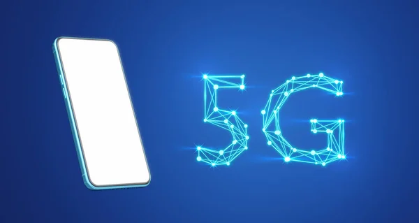 3D智能手机低多边形5G蓝色背景 手机空白白屏 快速的5G新无线互联网无线网络连接的概念 智能技术网络 3D图标渲染 收割路径 — 图库照片