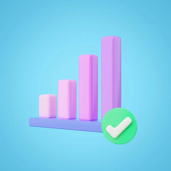 3d graph growth icon with check marks on blue background. Confirmed or approved statistical analysis icon. tools to measure of business success. data element. 3d rendering. clipping path.