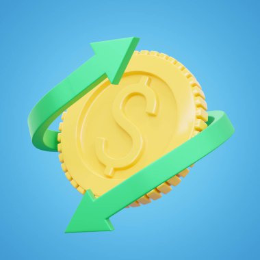 3 boyutlu nakit para ve para iadesi. Mavi üzerinde altın sikke yüzen ok. Para transferi yuvarlak ok. Yatırımın Dönüşü. Para ve iş konsepti biriktiriyorum. 3d resimleme.