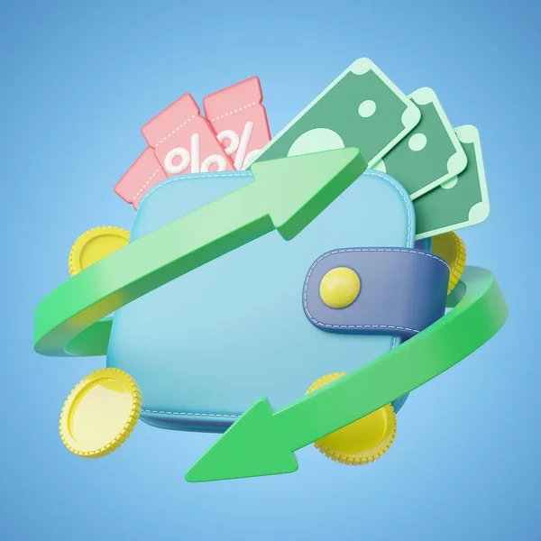 Wallet with cash money, coupons, coin, round arrow float on blue background. Bonus cash back in mobile app shopping. Online payment service. Refund for business bank. Cartoon icon style. 3d rendering.