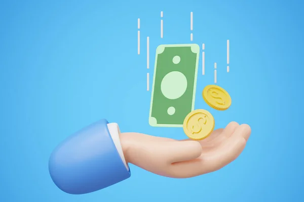 3D Coin and banknote float in hand isolated blue background. Business man hold money icon. Mobile banking, cashback, refund, loan concept. Saving money wealth. 3d render Cartoon smooth. clipping path.