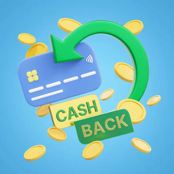 Cashback credit card icon. Cash back label with green arrow, coin float isolated on blue. Sale offer in mobile app shopping. Online payment service. Debit card refund money of business bank. 3d render