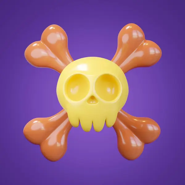 3d Skull and Bones isolated on purple background. Symbol chemical hazardous toxic warning sign. Pirate icon. Holiday halloween elements for design. Cartoon festival icon. 3d rendering. Clipping path.