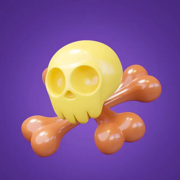 3d Skull and Bones isolated on purple background. Symbol chemical hazardous toxic warning sign. Pirate icon. Holiday halloween elements for design. Cartoon festival icon. 3d rendering. Clipping path.