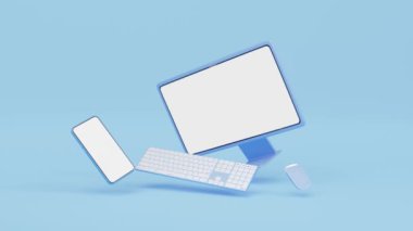 Mavi arka planda kablosuz fare, klavye, telefon şamandıralı 3D animasyon bilgisayar monitörü. Çevrimiçi sosyal medya pazarlaması, e ticaret, dijital mağaza, uygulama konsepti. Masaüstü boş ekran. Alfa ile 3d oluşturma.
