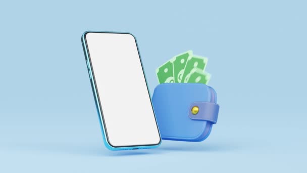 Telefoon Met Contant Geld Portemonnee Drijft Blauwe Achtergrond Mobiel Bankieren — Stockvideo