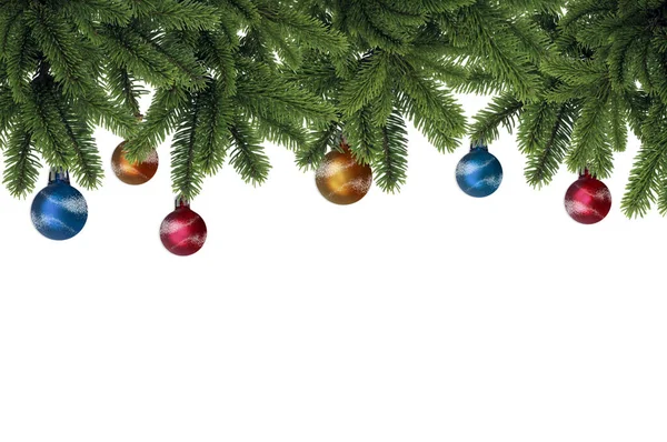 Υποκαταστήματα Ενός Φυσικού Χριστουγεννιάτικου Δέντρου Κόκκινες Μπλε Και Κίτρινες Μπάλες — Φωτογραφία Αρχείου
