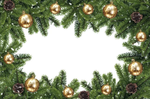 Ramos Uma Árvore Natal Natural Com Bolas Amarelas Cones Fundo — Fotografia de Stock