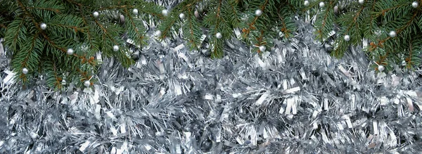 Christmas Background Christmas Tree Branches Cones Christmas Tinsel — Stock Photo, Image