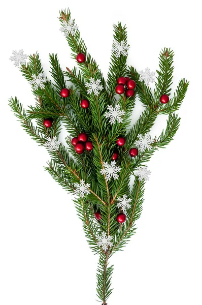 Branch Natural Christmas Tree Red Balls Berries — Stock Photo, Image