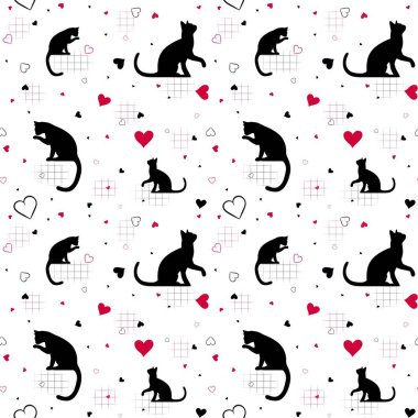 Siyah kediler ve beyaz arka planda kırmızı kalpler. Sevgililer. Sevgililer Günü.