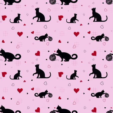 Pembe arka planda siyah kedileri ve kırmızı kalpleri olan kusursuz bir model. Paketleme, yazdırma ve dekorasyon için
