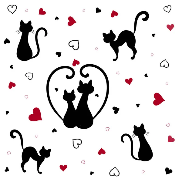 Bezproblémový Vzor Černými Kočkami Červenými Srdíčky Bílém Pozadí Milenci Valentýn — Stock fotografie