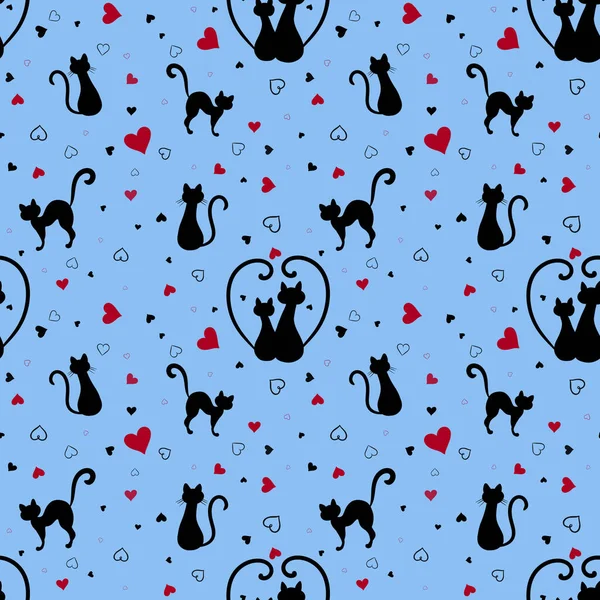 青い背景に黒い猫と赤いハートのシームレスなパターン 装飾のために — ストック写真