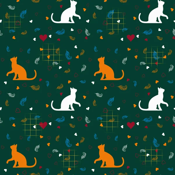 Naadloos Patroon Met Oranje Witte Katten Hartjes Een Groene Achtergrond — Stockfoto