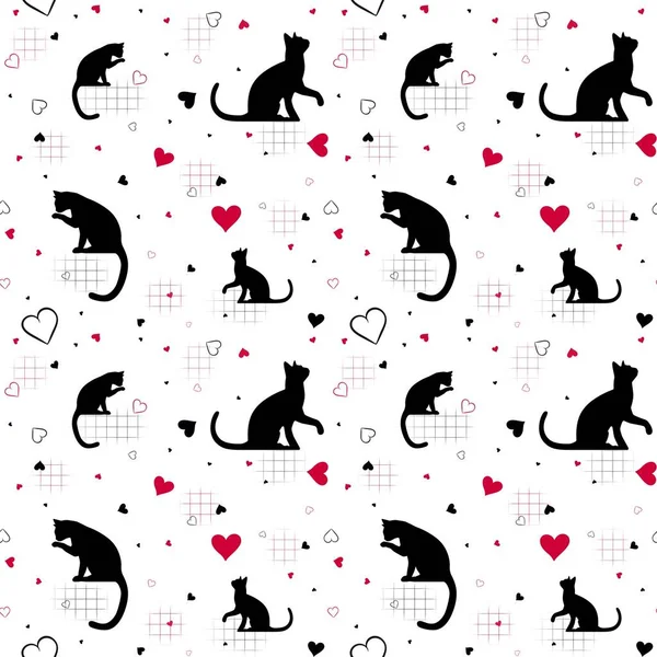 白地に黒猫と赤心のシームレスなパターン 恋人たち バレンタインデー — ストック写真