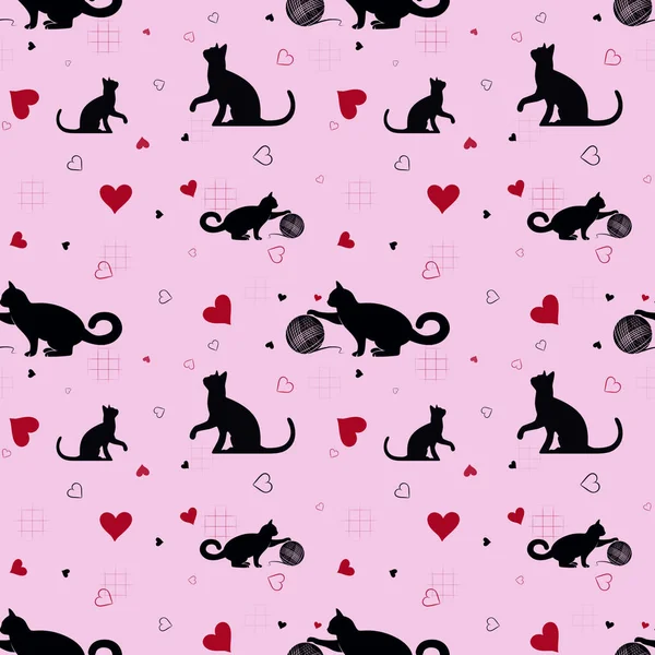 ピンクの背景に黒い猫と赤いハートのシームレスなパターン 装飾のために ストック画像