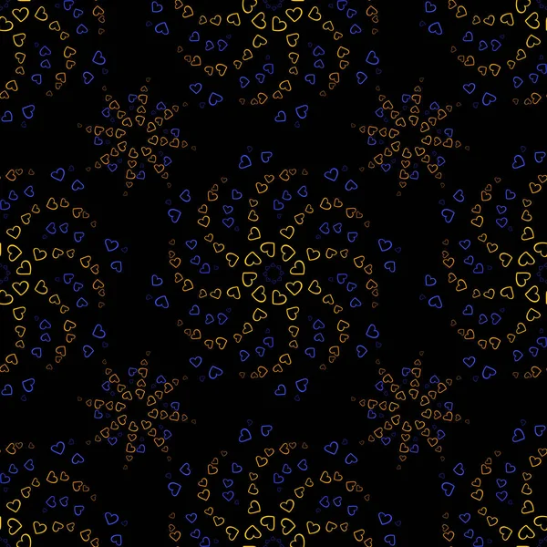 Seamless pattern of yellow and blue hearts flowers on a dark background. Print with hearts in kaleidoscopic ornamental style.