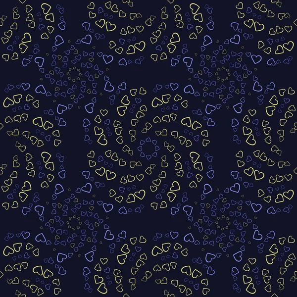 Seamless pattern of yellow and blue hearts flowers on a blue background. Print with hearts in kaleidoscopic ornamental style.