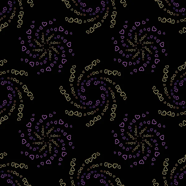 Seamless pattern of yellow and purple heart flowers on a dark background. Print with hearts in kaleidoscopic ornamental style.