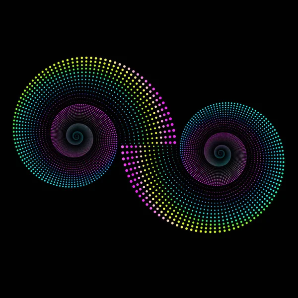 Infinity sign in the form of a spiral of dots . Neon colors on a black background