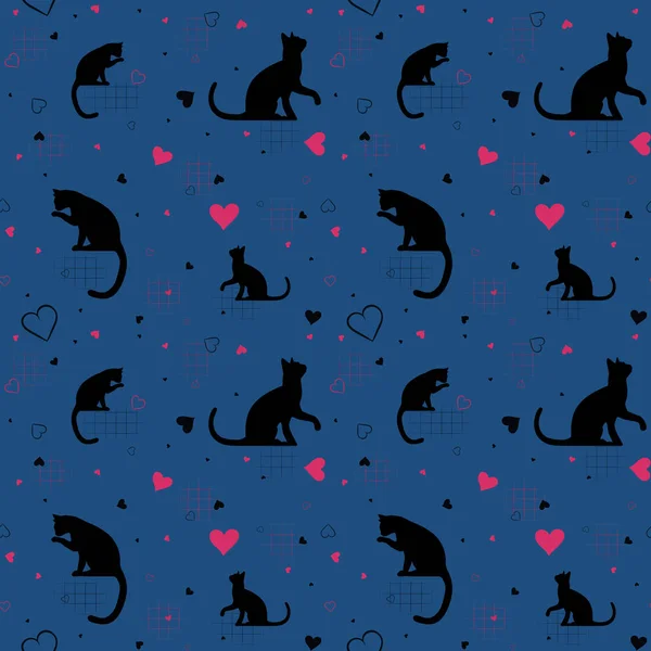 Seamless pattern with black cats and pink hearts on a blue background. For packaging, printing and decorating