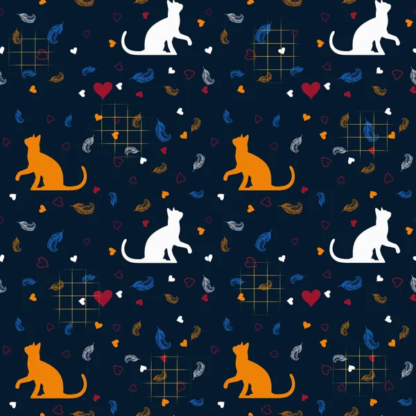 Naadloos Patroon Met Oranje Witte Katten Hartjes Een Donkerblauwe Achtergrond — Stockfoto