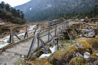 Himalaya dağlarındaki tahta köprü.