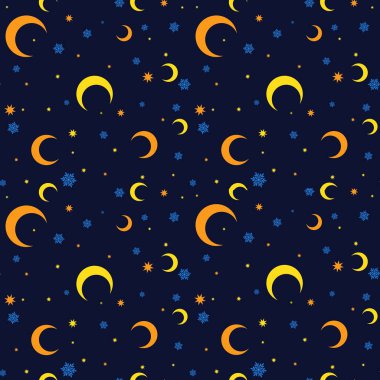 Sarı, turuncu uyduları ve lacivert arka planda kar taneleri olan kusursuz bir desen.