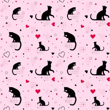 Pembe arka planda siyah kedileri ve kırmızı kalpleri olan kusursuz bir model. Paketleme, yazdırma ve dekorasyon için