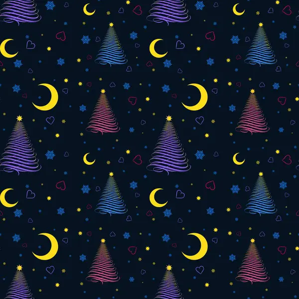 Sarı aylı kusursuz desenler, Noel ağaçları ve lacivert arka planda kar taneleri.