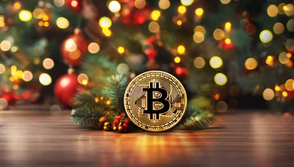 Tahta masanın üzerinde Noel ağacı olan altın bitcoin.. 