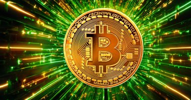 Bitcoin. Kripto para birimi. Yeşil zemin üzerinde altın bitcoin.
