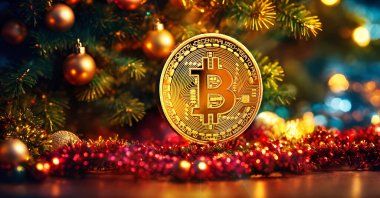 Noel ağacı arka planında altın bitcoin. Kripto para birimi. Yeni yıl ve Noel konsepti.