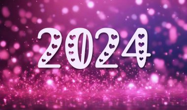 2024 Bokeh ışıkları ve kalplerle mutlu yıllar.