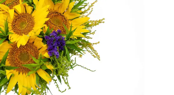 Bouquet of sunflowers and lavender isolated on white background