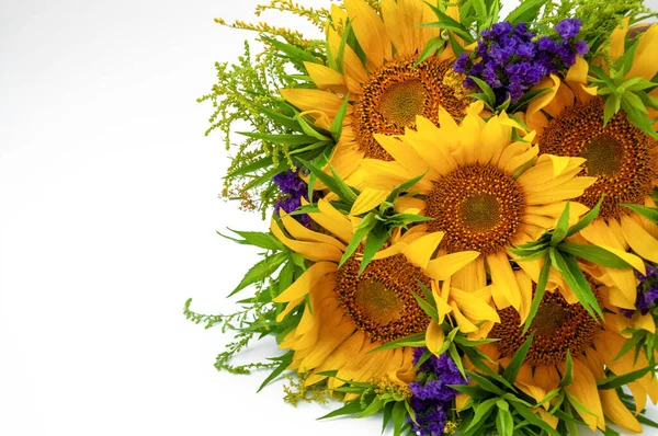 Bouquet of sunflowers and lavender isolated on white background
