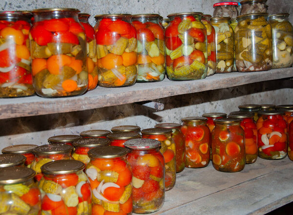 Shelves of glass jars filled with pickled vegetables in a rustic cellar. A vibrant preservation scene blending tradition, texture, and seasonal color