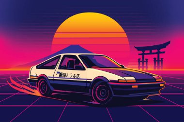 AE86 Toyota: Fujiwara Sunset. Beyaz bir Toyota AE86 yanan turuncu bir güneş ve Fuji Dağı 'nın siluetinin altında parlayan neon bir ızgara boyunca sürükleniyor..